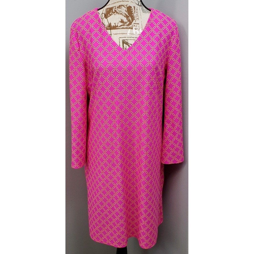 Jude Connally Shift Dress Womens L Multi Geometric Stretch Long Sleeve V-Neck